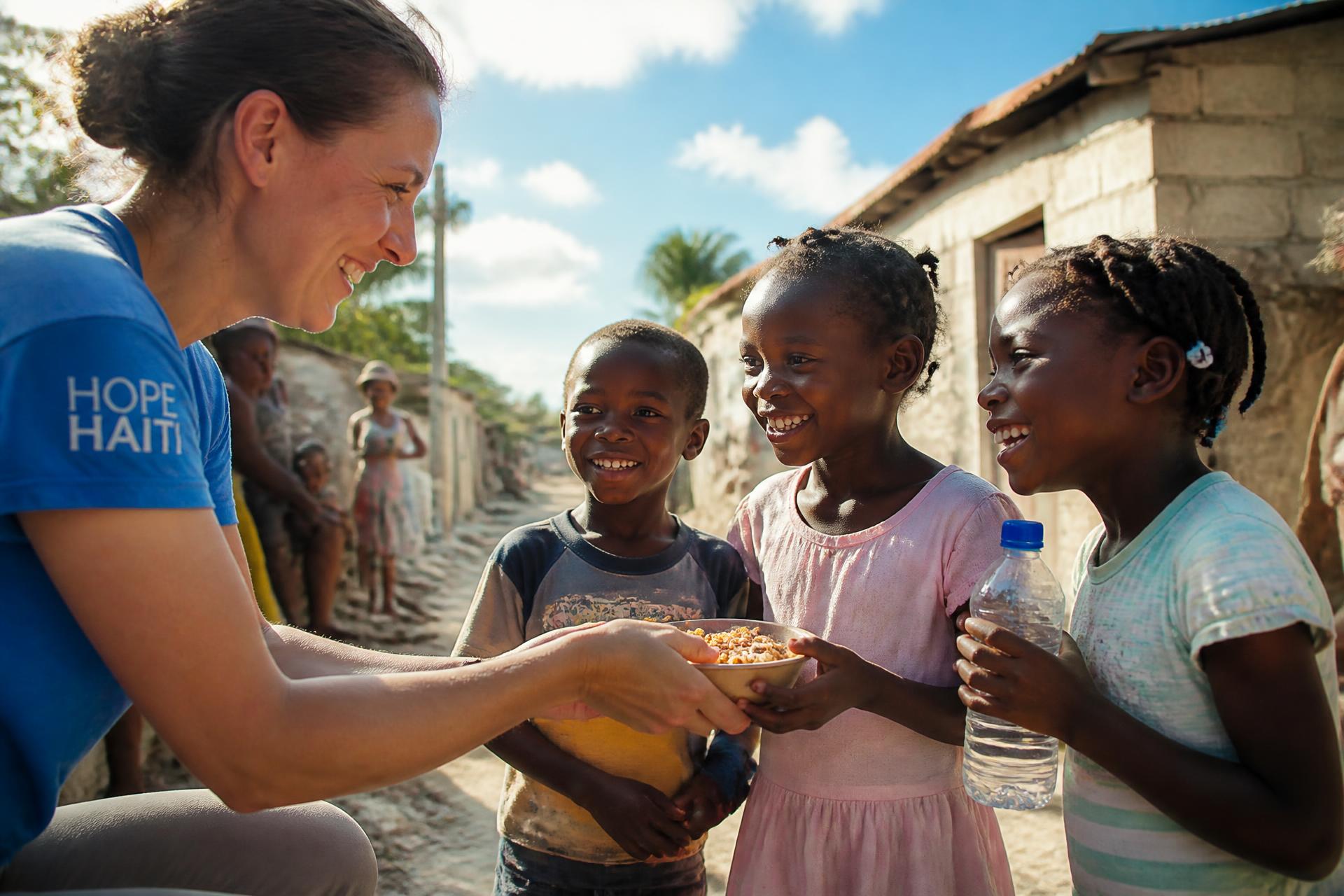 UFFNG volunteer sharing food and clean water with Haitian children